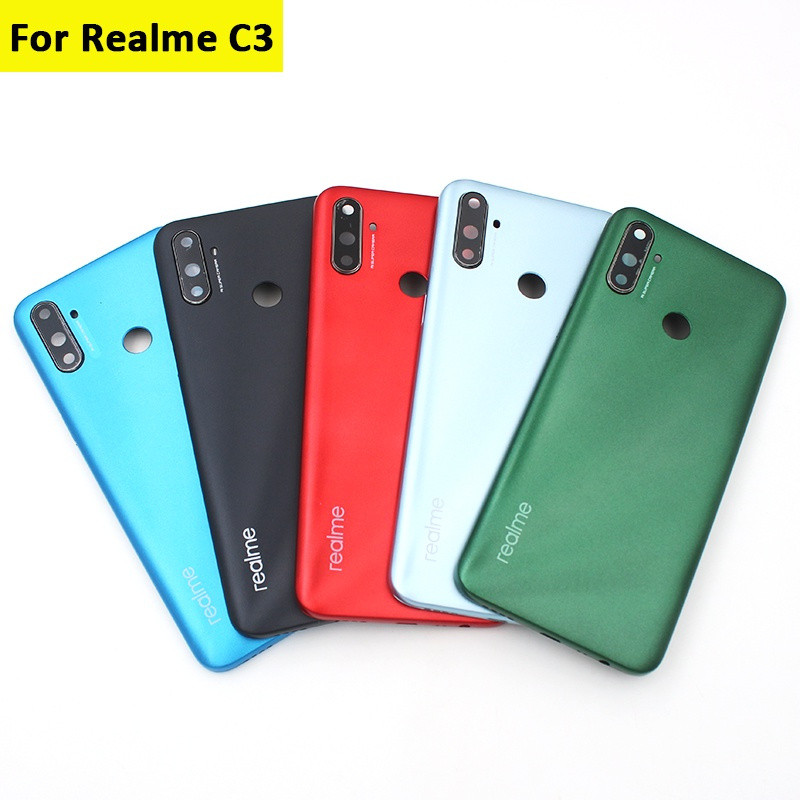 ฝาหลัง เรียลมี ค3 RMX2027 ฝาหลังแบตเตอรี่เคสประตูด้านหลังชิ้นส่วนทดแทนพร้อมเลนส์กล้อง