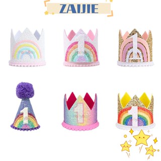 Zaijie24 หมวกมงกุฎวันเกิด สีรุ้ง 1st Birthday Baby Shower Princess Crown Headband