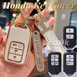 เคสกุญแจรถยนต์ Tpu ขอบทอง 3 ปุ่ม พร้อมพวงกุญแจ สําหรับ Honda Civic CRV HRV BRV City Accord 2014 ถึง 2020