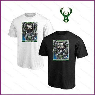 เสื้อยืดแขนสั้นลําลอง คอกลม ทรงหลวม ลายการ์ตูน NP2 NBA Milwaukee Bucks พลัสไซซ์ สําหรับผู้ชาย และผู้หญิง PN2