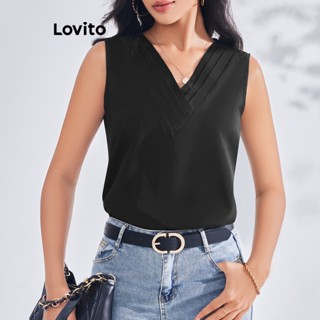 Lovito เสื้อเบลาส์ คอปก สีตัดกัน เรียบหรู สําหรับผู้หญิง LBE03125 (สีดํา)