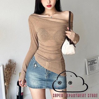 Super- เสื้อยืดลําลอง แขนยาว เปิดไหล่เฉียง สีพื้น สําหรับผู้หญิง