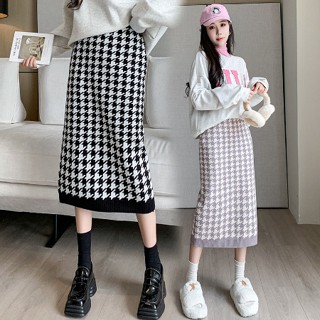 Houndstooth กระโปรงยาวระดับกลาง ผ้าถัก ทรงเอ ผ่าหลัง สไตล์ฤดูใบไม้ร่วง สําหรับผู้หญิง 2023