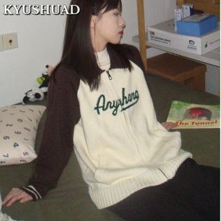 Kyushuad เสื้อแจ็กเก็ต คาร์ดิแกน คอปกโปโล ผ้าถัก มีซิป สไตล์วินเทจ อเมริกัน เรโทร