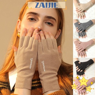 Zaijie24 ถุงมือ แบบครึ่งนิ้ว สีพื้น หน้าจอสัมผัส ฤดูใบไม้ร่วง ฤดูหนาว ถุงมือขับขี่