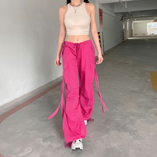 American Rose Red Cargo pants Summer Women high waist Loose Wide leg Casual trousers