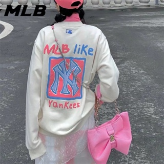 Mlb NY ของแท้ 100% เสื้อกันหนาว คอกลม ผ้าฝ้าย ลายโลโก้ ขนาดใหญ่ 320 กรัม สําหรับผู้ชาย และผู้หญิง