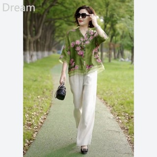 Fresh artistic ethnic printed shirt top solid color loose cotton linen wide leg pants suit for women