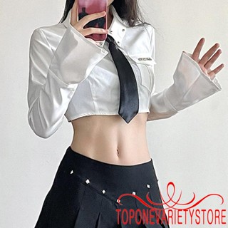 Topone-เสื้อครอปแขนยาว คอปก ติดกระดุม เข้ารูป ผูกโบว์ สําหรับผู้หญิง