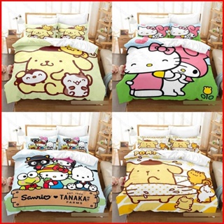 Yb1 ชุดเครื่องนอน ผ้าปูที่นอน ปลอกหมอน ผ้าห่ม ลาย Hello Kitty Pompom Purin 3in1 ซักทําความสะอาดได้ สําหรับหอพัก BY1