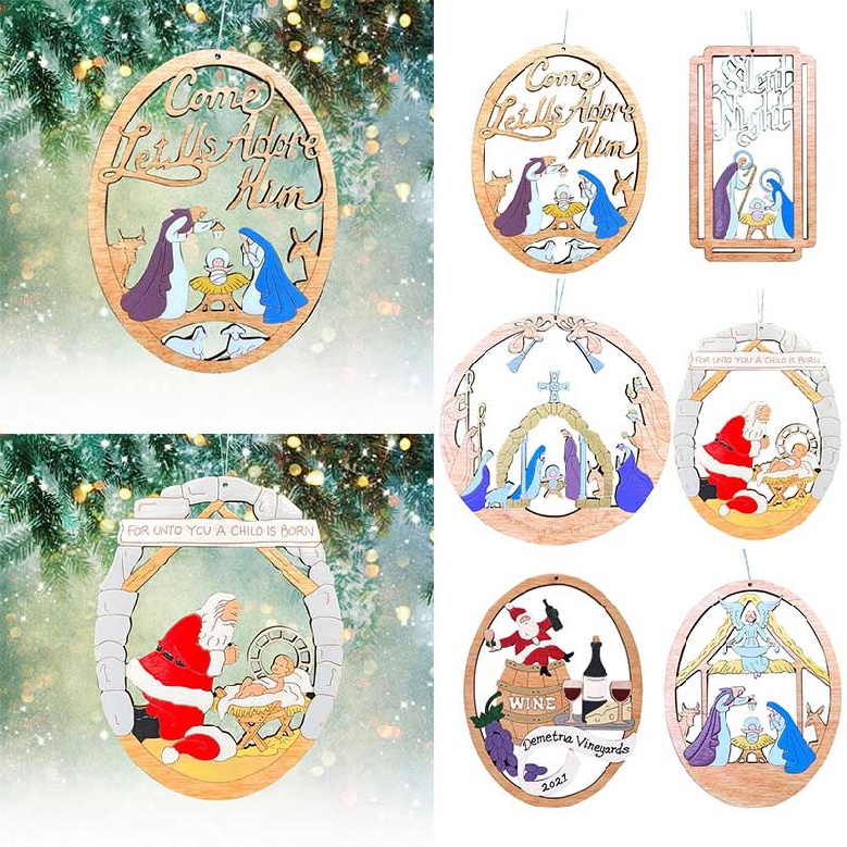Christmas Nativity Scene Ornaments Jesus Christ Wooden Hanging Tree Decorations