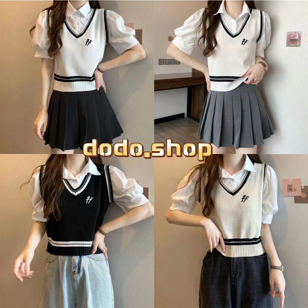 DODOสินค้าใหม่พร้อมส่ง**เสื้อไหมพรม2ชั้นเชิ้ตด้านในกั๊กไหมพรมติดกัน เกาหลีมาก (7299-1)