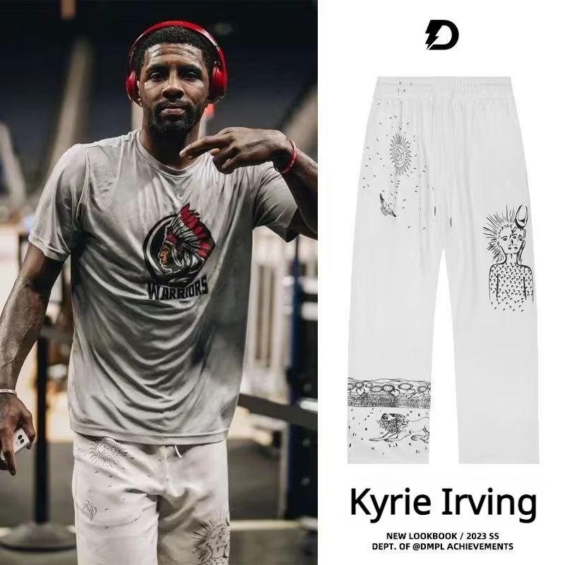 ใหม่ กางเกงกีฬา กางเกงบาสเก็ตบอล ขากว้าง ผ้าฝ้าย พิมพ์ลายหมึก Kyrie Irving ทรงหลวม สีดํา สีขาว สไตล์