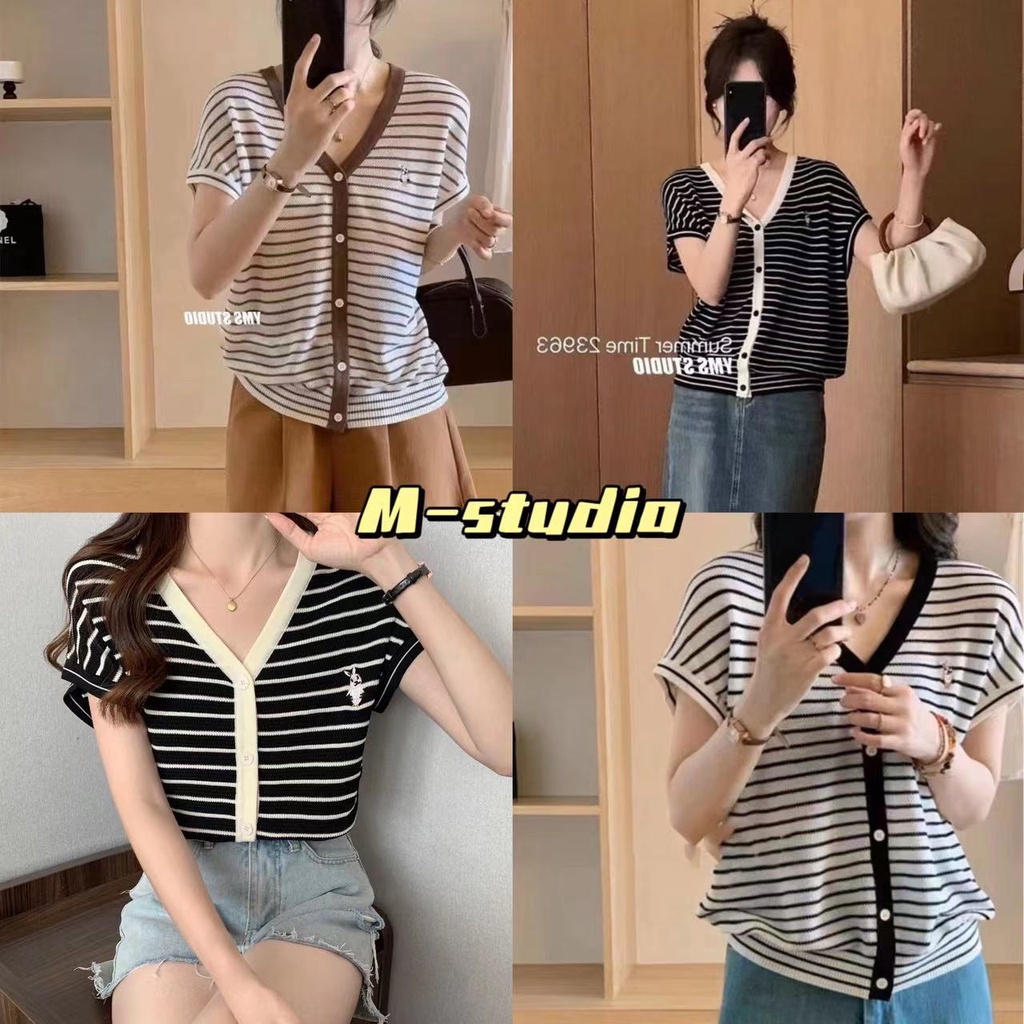 Maze**พร้อมส่ง**เสื้อคาร์ดิแกนผ้าไหมพรมแขนกุด ลายทาง คอวี กระดุมใช้งานได้จริง สวมใส่สบายมาก(79013)