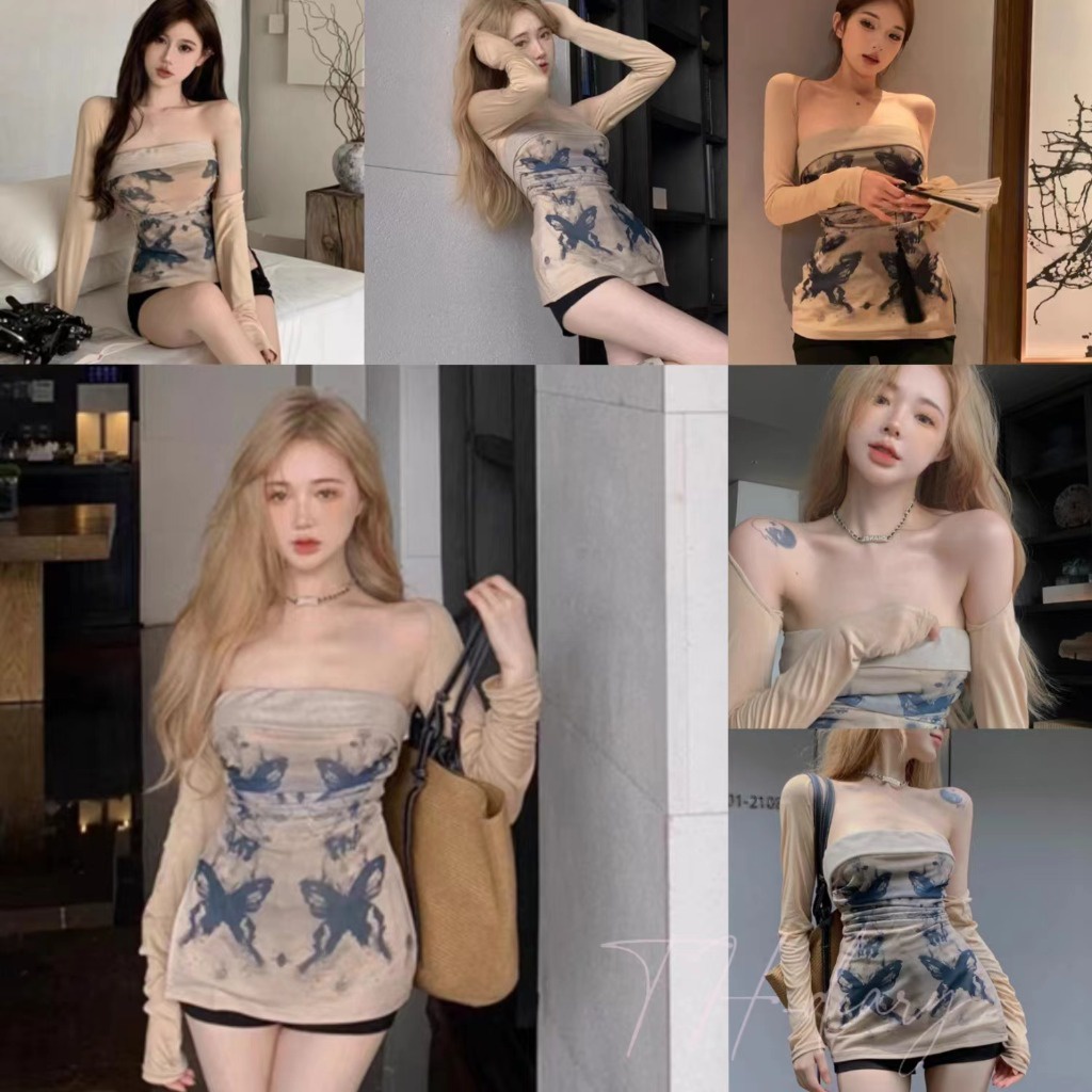 (ส่งจากกรุงเทพ) ชุด2ชิ้น ไม่มีสายหนัง ด้านบนของท่อ +คาร์ดิแกนป้องกันแสงแดด ลายผีเสื้อมีสไตล์ ผู้หญิงใหม่ในฤดูใบไม้ร่วง