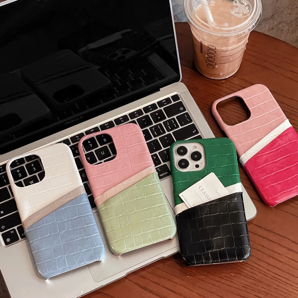 17promax สาวแฟชั่นการ์ดสีชมพูบล็อกเปลือกแข็งหนังจระเข้สําหรับ iphone 16 14 13 12 11 Pro Max 15pro 14pro 13pro 12pro 11 โทรศัพท์มือถือกรณี