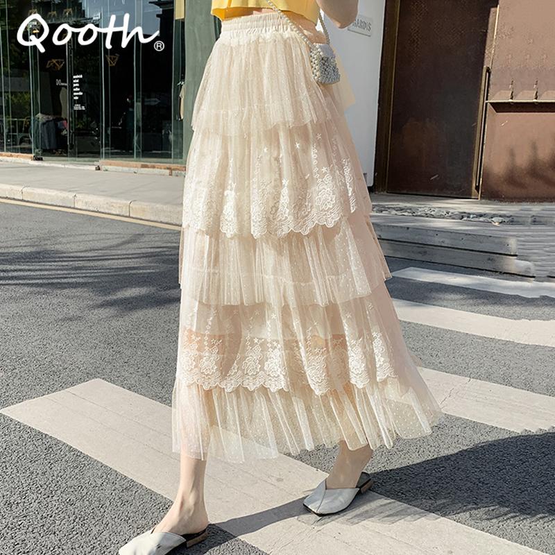 Qooth กระโปรงยาว เอวยางยืด ลายจุด ลูกไม้ แฟชั่นฤดูใบไม้ผลิ ฤดูใบไม้ร่วง สําหรับผู้หญิง QT2256