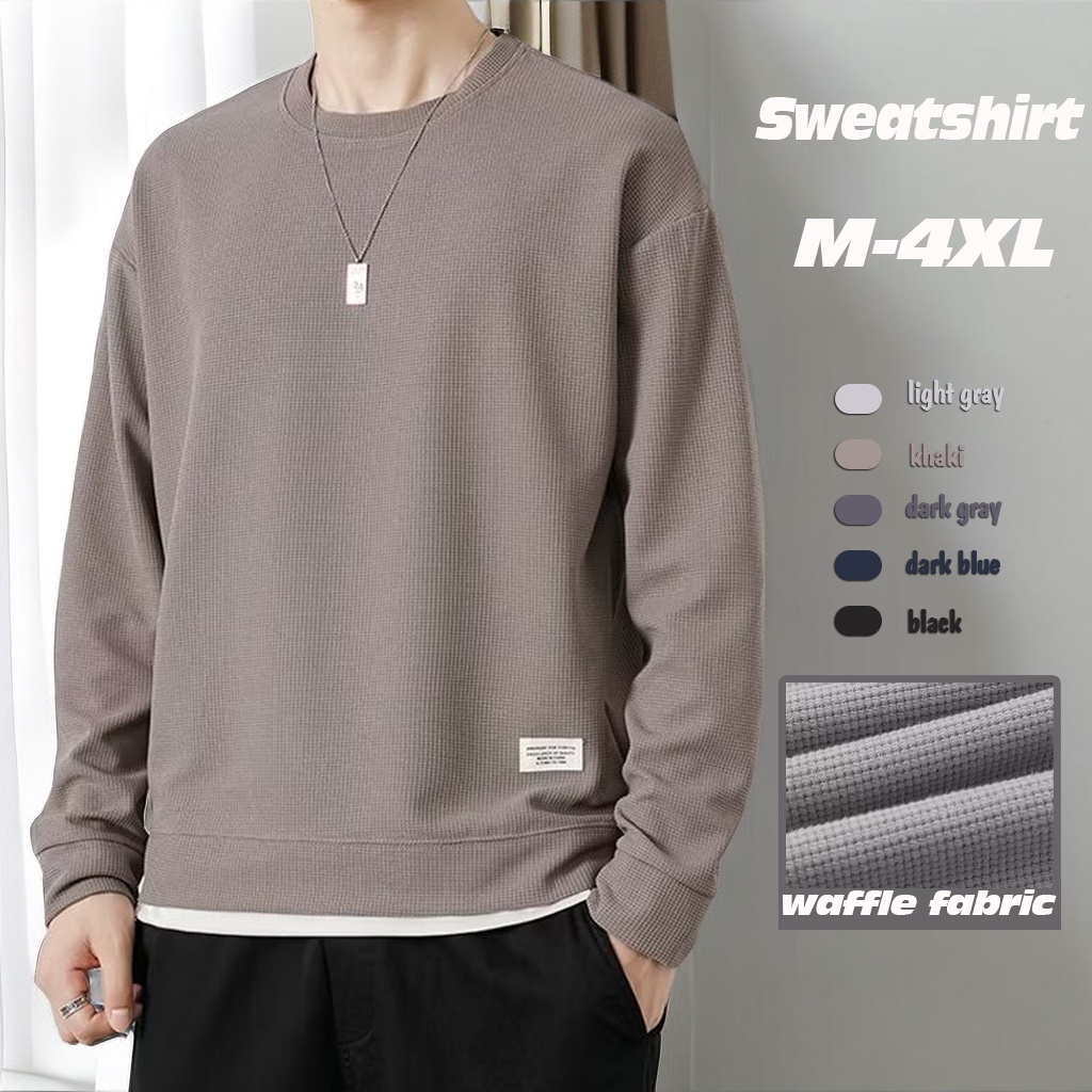 เสื้อกันหนาว คอกลม แขนยาว ลายวาฟเฟิล ขนาดใหญ่ สําหรับผู้ชาย