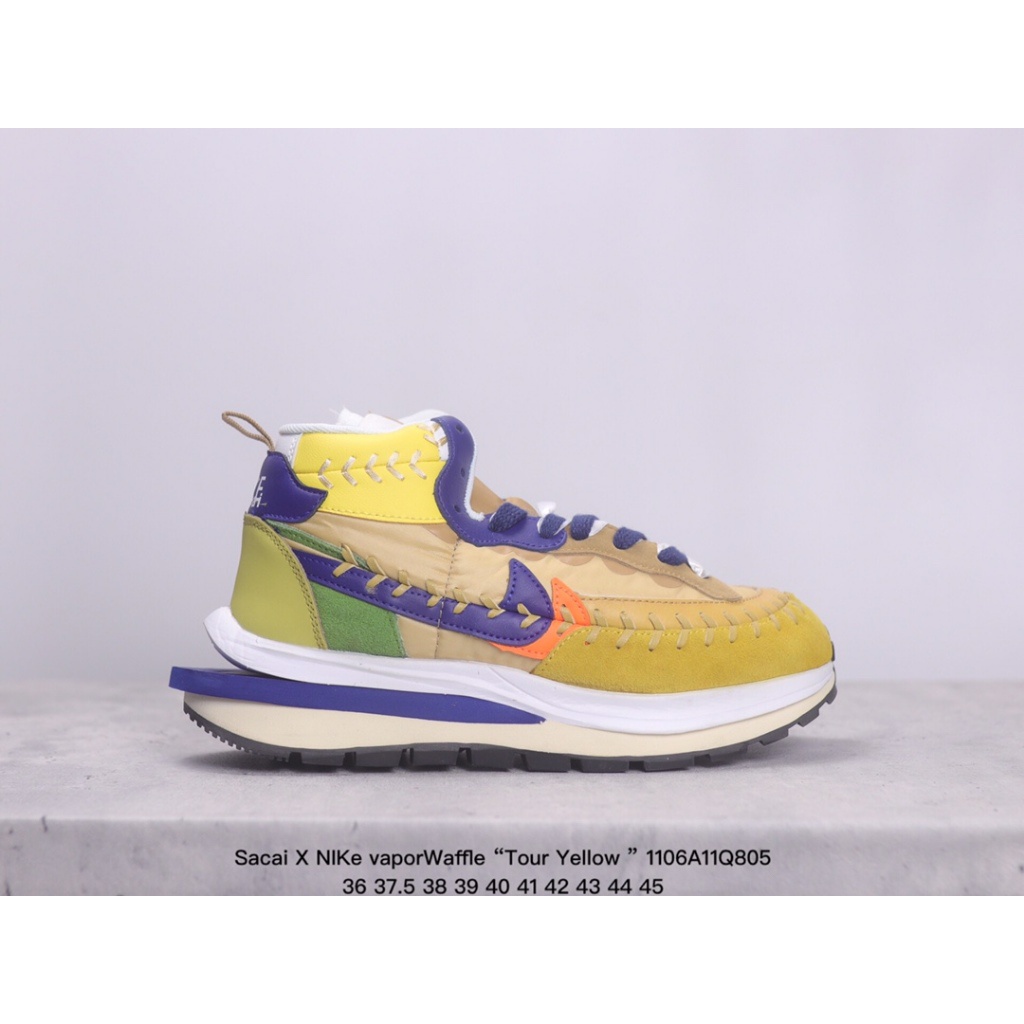 Sacai X NIKe vaporWaffle “Tour Yellow ” ลื่นแฟชั่นวินเทจน้ำหนักเบาสบาย ๆ กีฬารองเท้าวิ่ง100% genuine