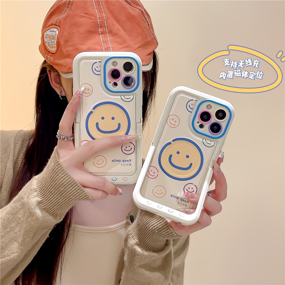 เคสโทรศัพท์มือถือหนัง ลายหน้ายิ้ม พร้อมขาตั้ง สําหรับ ด้วยแหวนดูดแม่เหล็ก iPhone 15 pro max 15Pro 15 14 14Pro 13 12 11 14promax 13Pro 12Pro 12 13promax 15plus with magnetic ring Hand-painted smiley face leather feel cover with Invisible Bracket