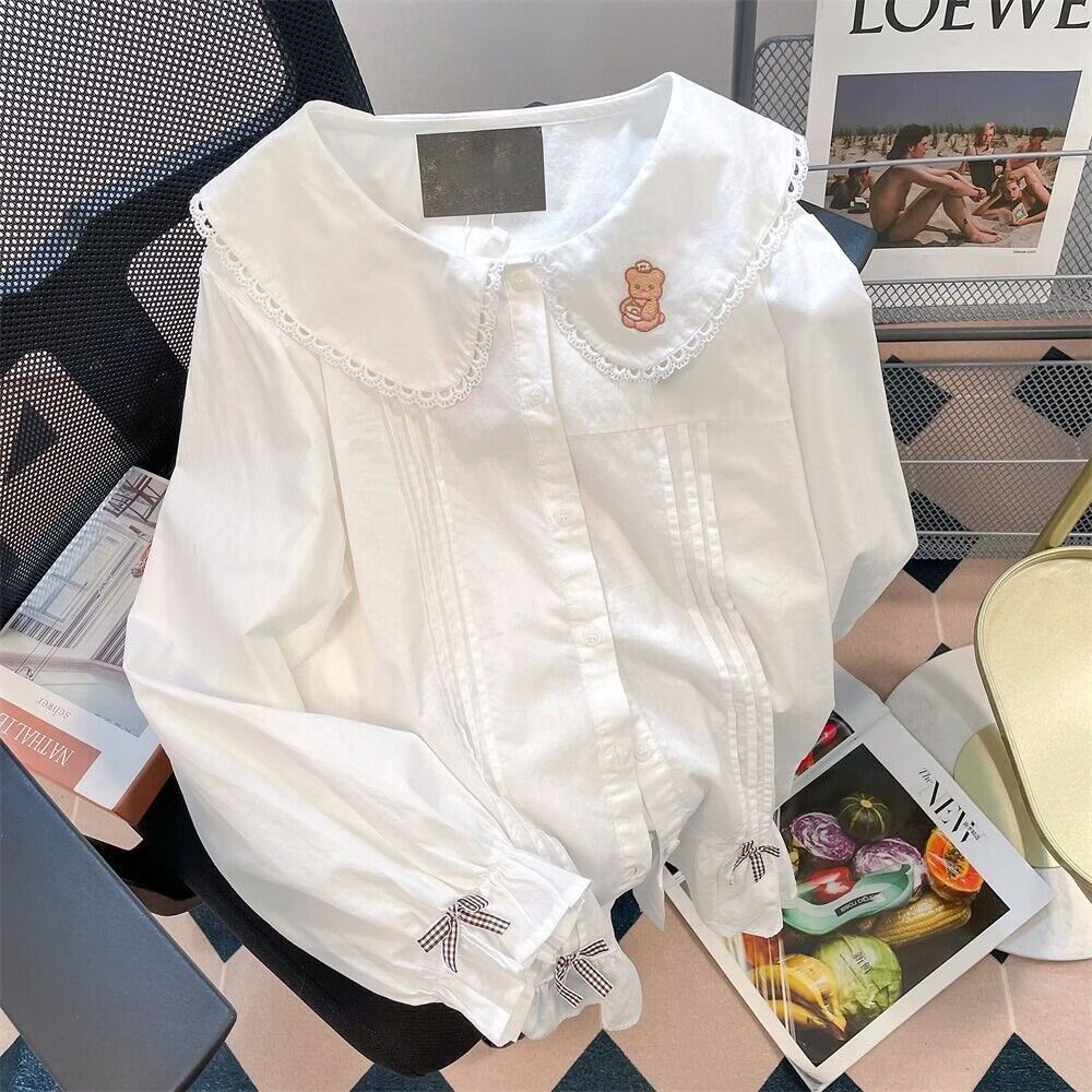 ญี่ปุ่นน่ารักหมีโบว์เจเคเสื้อเกรดสูงลูกไม้คอตุ๊กตาแขนยาวด้านบน