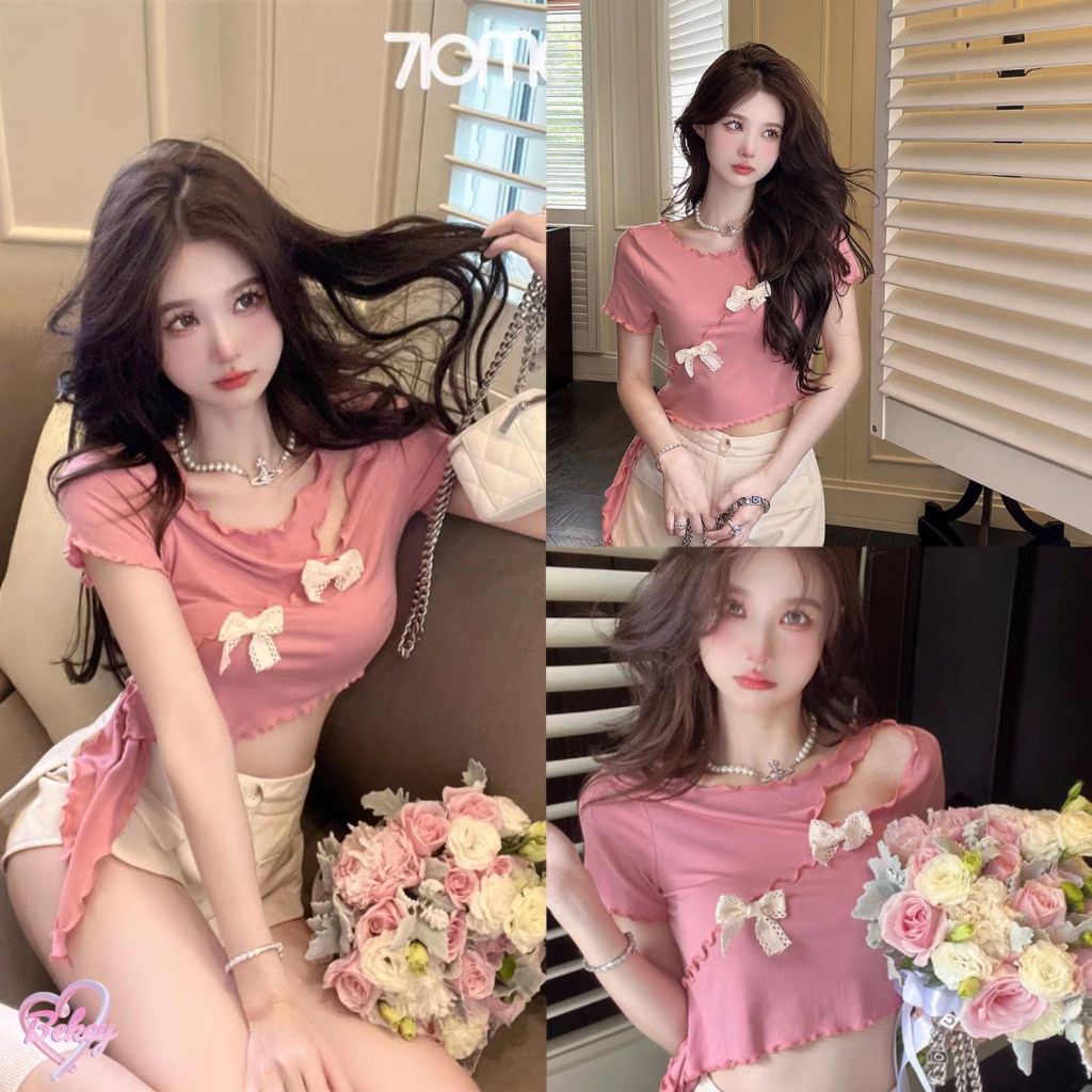 (จัดส่งจากกรุงเทพ ) ฤดูร้อนรูปแบบใหม่ สด ขอบหยัก เดรสสั้นสไตล์เซ็กซี่ เสื้อยืด