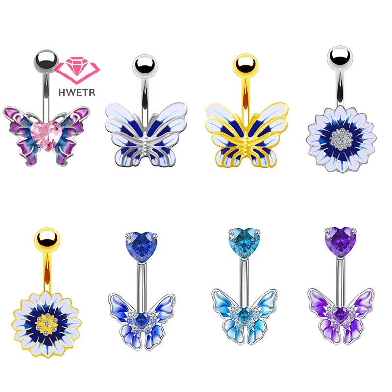 Hwetr จิวสะดือ รูปผีเสื้อ ดอกไม้ ประดับเพทาย แฟชั่นสําหรับผู้หญิง