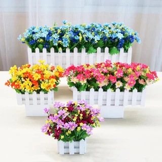 (15แบบ)กระถางรั้วไม้พร้อมดอกไม้ปลอมสดใส คอมมอส คาเนชั่น กุหลาบปลอม