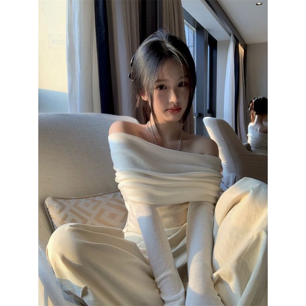 เสื้อแขนยาว เปิดไหล่ ผ้าถัก เข้ารูป สีขาว แฟชั่นฤดูใบไม้ผลิ สําหรับผู้หญิง