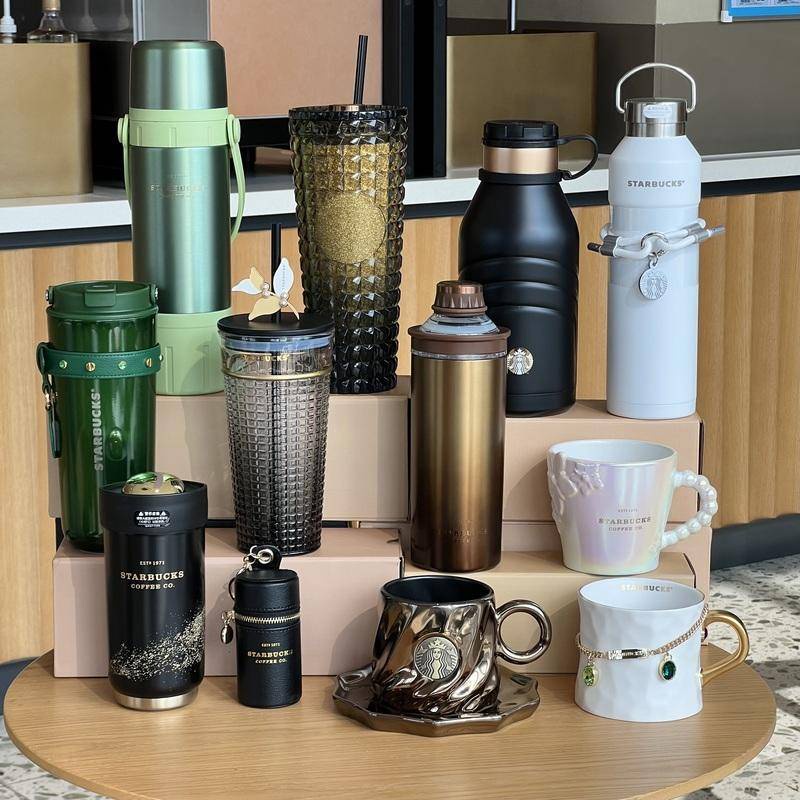 Starbucks แก้วกระติกน้ําร้อนสเตนเลส มีหลอดดูด สีดํา ทอง สไตล์วินเทจ สําหรับเก็บสะสม กาแฟ