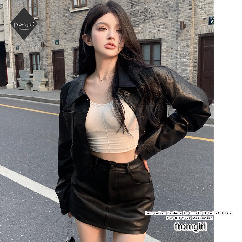 เสื้อแจ็กเก็ตหนัง PU ตัวสั้น สีดํา แฟชั่นฤดูใบไม้ร่วง สําหรับผู้หญิง 2024