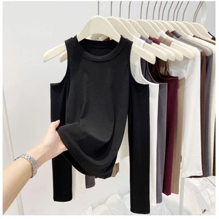 Bh เสื้อยืดแขนยาว คอกลม ผ้าฝ้าย เปิดไหล่ ทรงเข้ารูป สไตล์เกาหลี สําหรับผู้หญิง