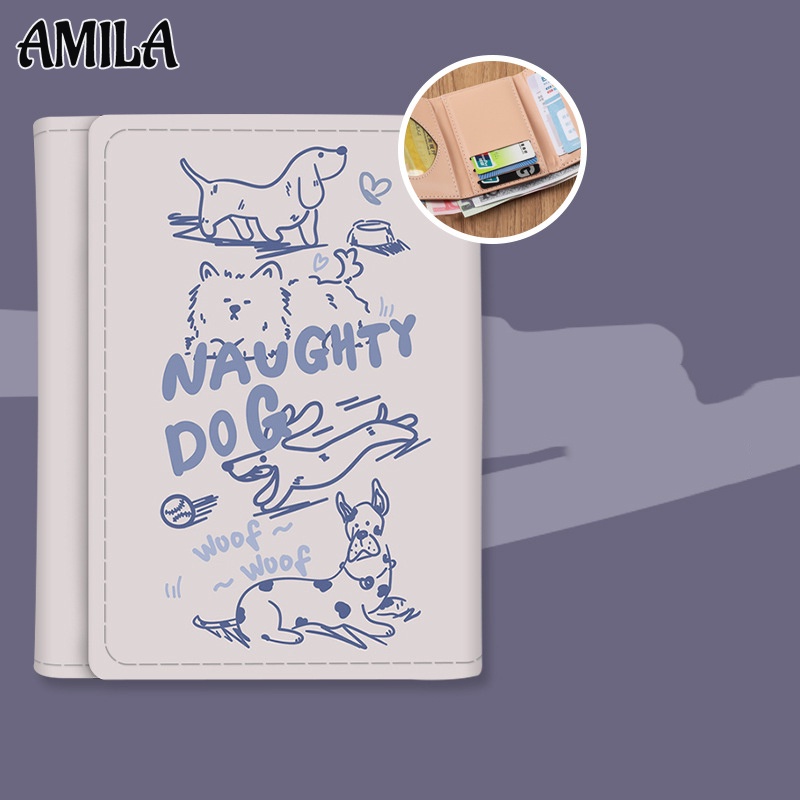 Amila กระเป๋าสตางค์ ใบสั้น หนัง PU ลายลูกสุนัขน่ารัก มีช่องใส่บัตรหลายช่อง จุของได้เยอะ แฟชั่นสําหรับผู้หญิง