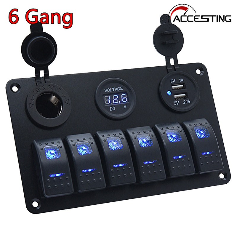 แผงสวิตช์โยก LED 3.1A 6 ช่อง พอร์ต USB คู่ กันน้ํา สําหรับรถยนต์ เรือ เบรกเกอร์ ควบคุมโวลต์มิเตอร์ ดิจิทัล LED