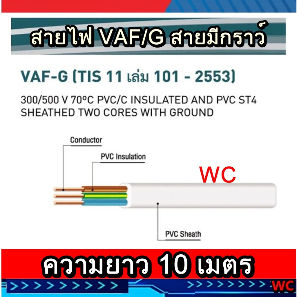 ขาย10เมตร ตัดแบ่ง สายกราว์ สาย3แกน สายไฟVAF/G 2x2.5/2.5 ยี่ห้อ PKS สายคู่แบนสีขาว3แกนVAF/G 2.5 สายไฟ