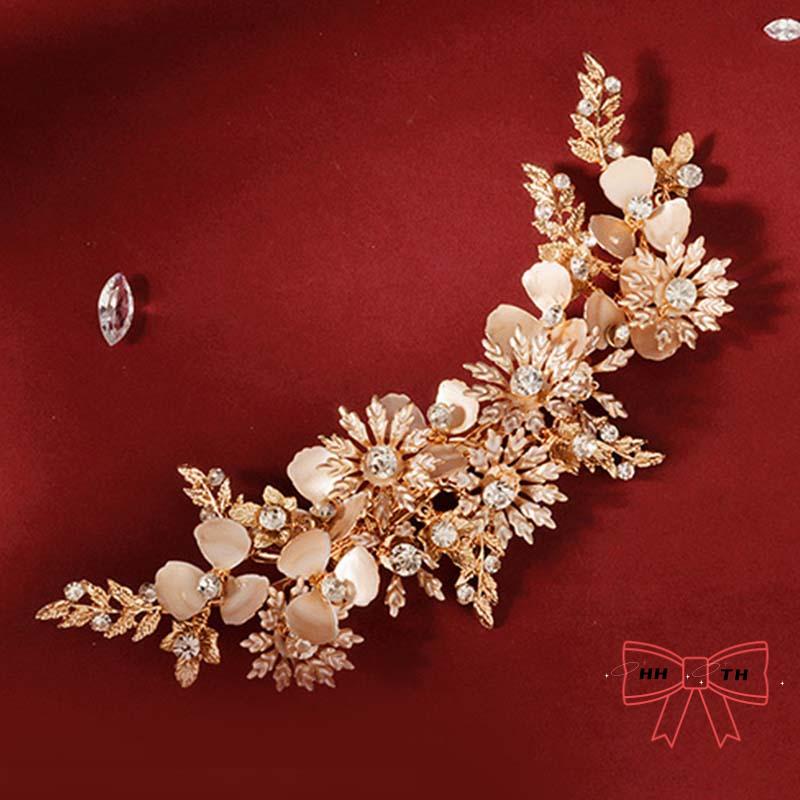 กิ๊บติดผม รูปดอกไม้ ใบไม้ สีทอง ประดับพลอยเทียม แฮนด์เมด สไตล์เรโทร สําหรับเจ้าสาว