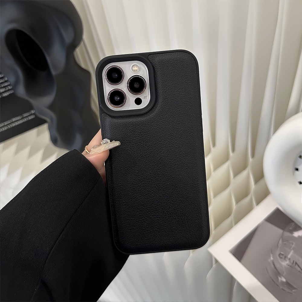 เคสโทรศัพท์มือถือ ซิลิโคน tpu กันกระแทก ลายลิ้นจี่ สีดํา เรียบง่าย สําหรับ iphone 11 12 13 14 15 pro max plus