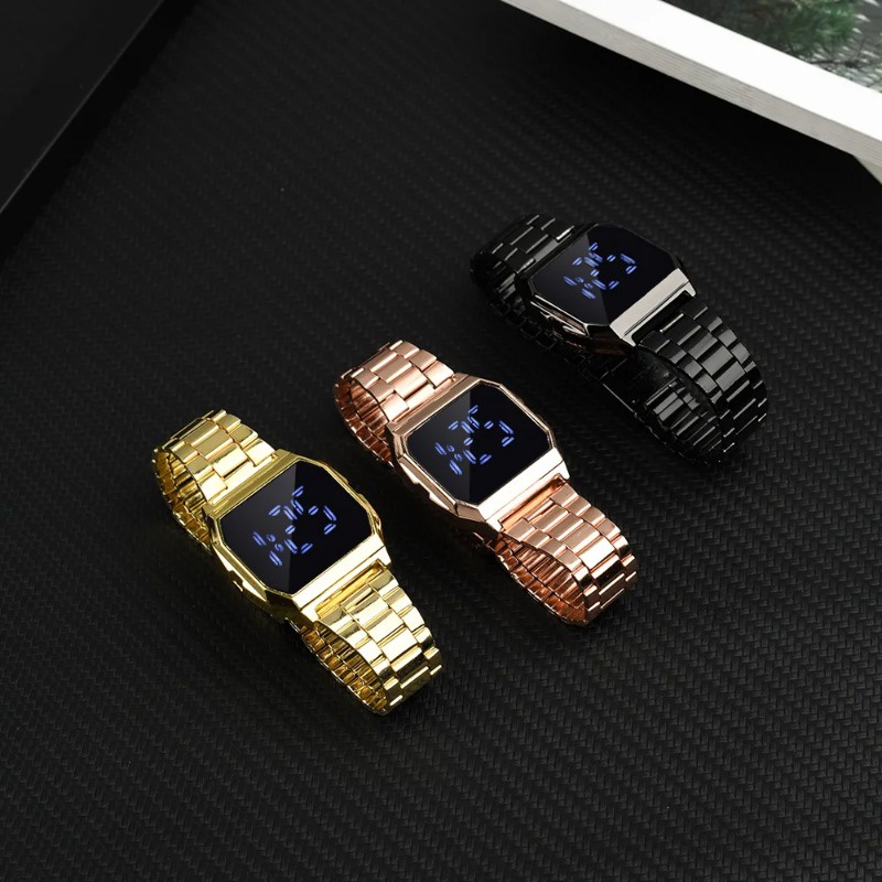 นาฬิกาข้อมือดิจิทัล LED อิเล็กทรอนิกส์ สายสแตนเลส อเนกประสงค์ สไตล์นักธุรกิจ หรูหรา สําหรับผู้ชาย
