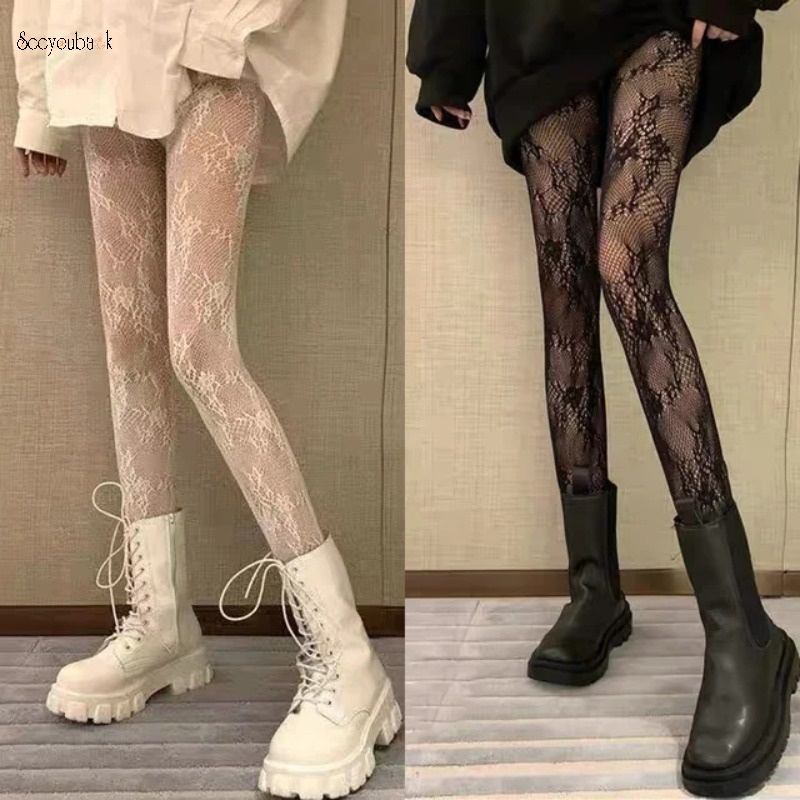 ถุงน่อง ผ้าตาข่าย แต่งลูกไม้ ลายดอกไม้ สไตล์โลลิต้า มีสีดํา สีขาว สไตล์ญี่ปุ่น แฟชั่นคลาสสิก สําหรับผู้หญิง