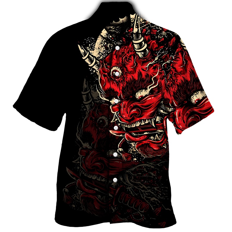 เสื้อคาร์ดิแกนแขนสั้น คอปก พิมพ์ลาย Samurai Oni Mask Tattoo 3 มิติ สไตล์เรโทร สําหรับผู้ชาย