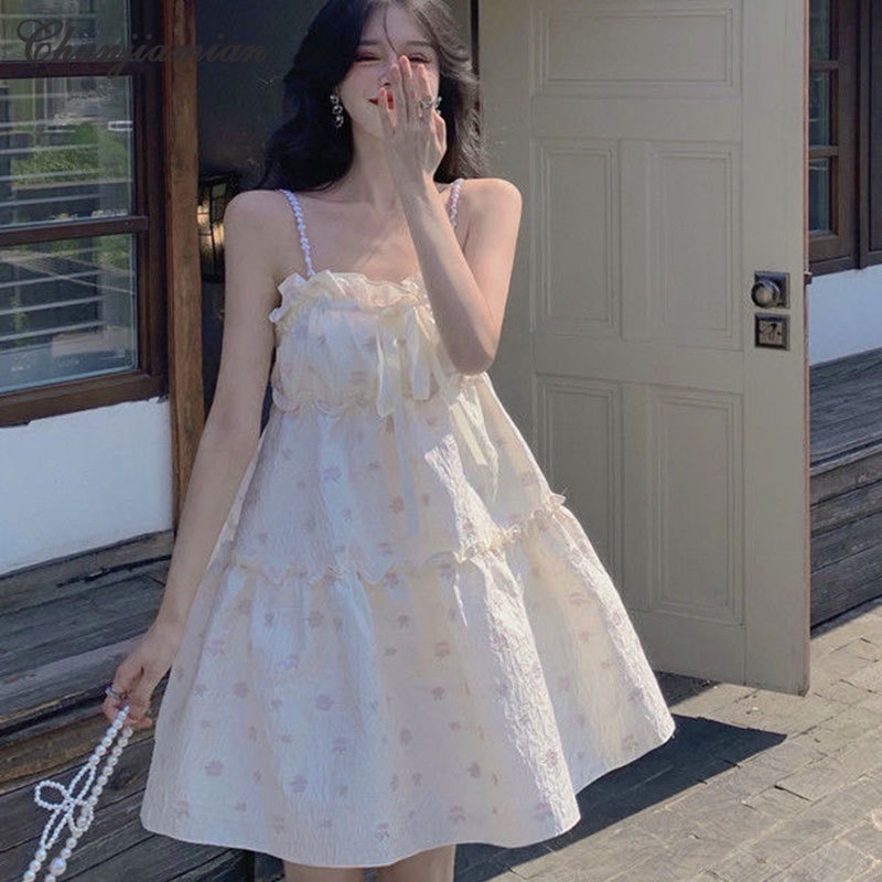 Chunjiamian กระโปรงสั้น ทรงหลวม ลายดอกไม้ สไตล์เกาหลี แฟชั่นฤดูร้อน