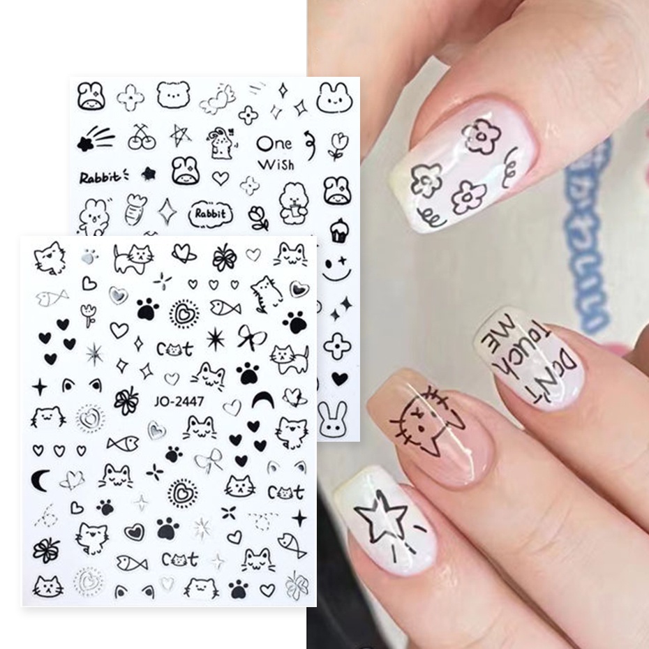 3 ชิ้น/เซ็ตสติ๊กเกอร์ติดเล็บ Childlike Graffiti Design Decals การ์ตูนน่ารักหวาน Cool Cat สุนัขกระต่ายกาวตกแต่งฟอยล์