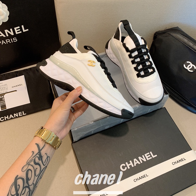 รองเท้าผ้าใบ Chanel พื้นเบาะอากาศ หนังวัว เสริมส้น นําเข้า แฟชั่นคู่รัก สําหรับผู้หญิง