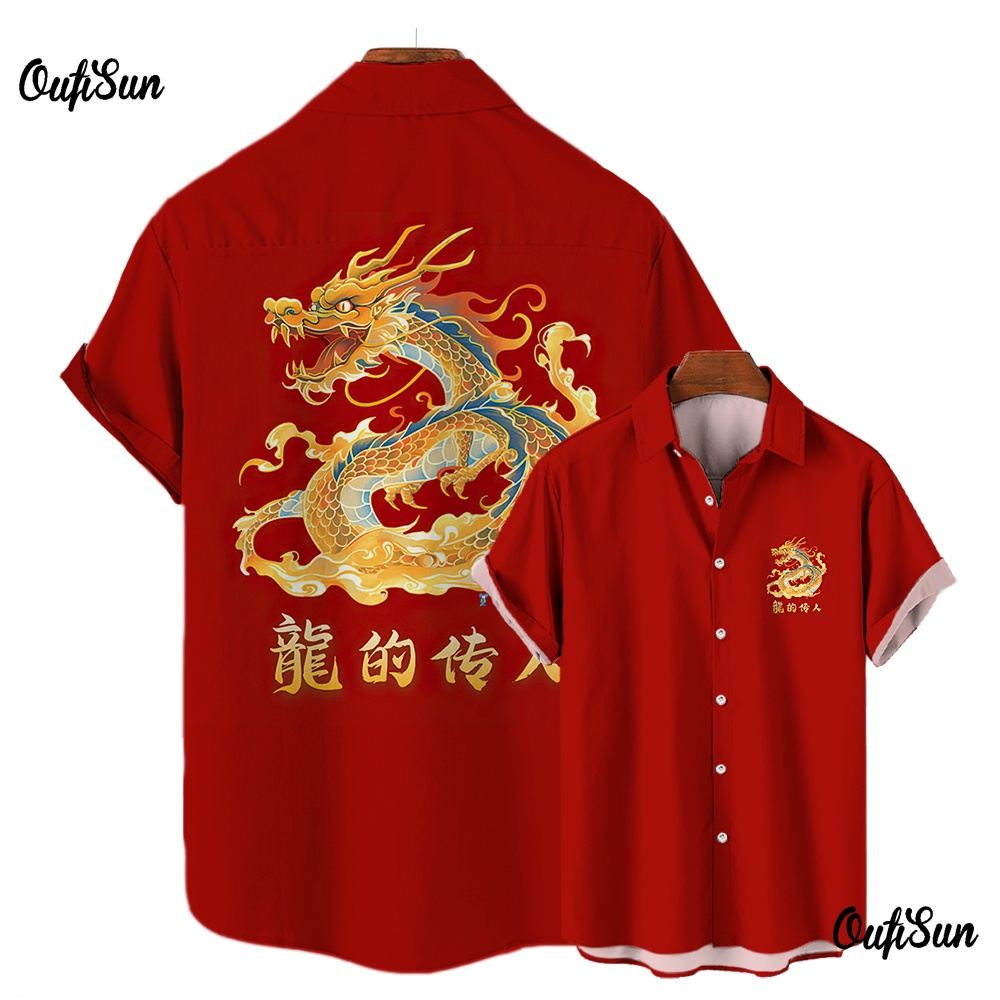 Songkran เสื้อเชิ้ตแขนสั้นลําลอง พิมพ์ลายมังกรปีใหม่ ทรงหลวม ขนาดใหญ่ สีแดง สําหรับผู้ชาย
