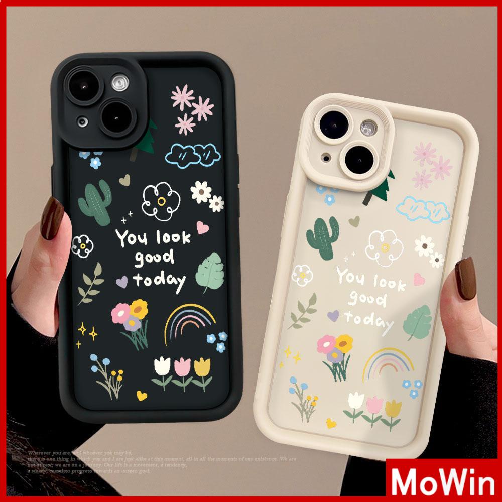 Mowin - เข้ากันได้สำหรับ เคสไอโฟน11 เคส iphone 11 15 pro max สีดำสีขาวเรียบนุ่ม TPU ป้องกันกล้องกันกระแทกดอกไม้กระบองเพชรภาษาอังกฤษเข้ากันได้กับ iPhone 14 13 12 11 PRO MAX XR XS 7Plus 8 PLUS