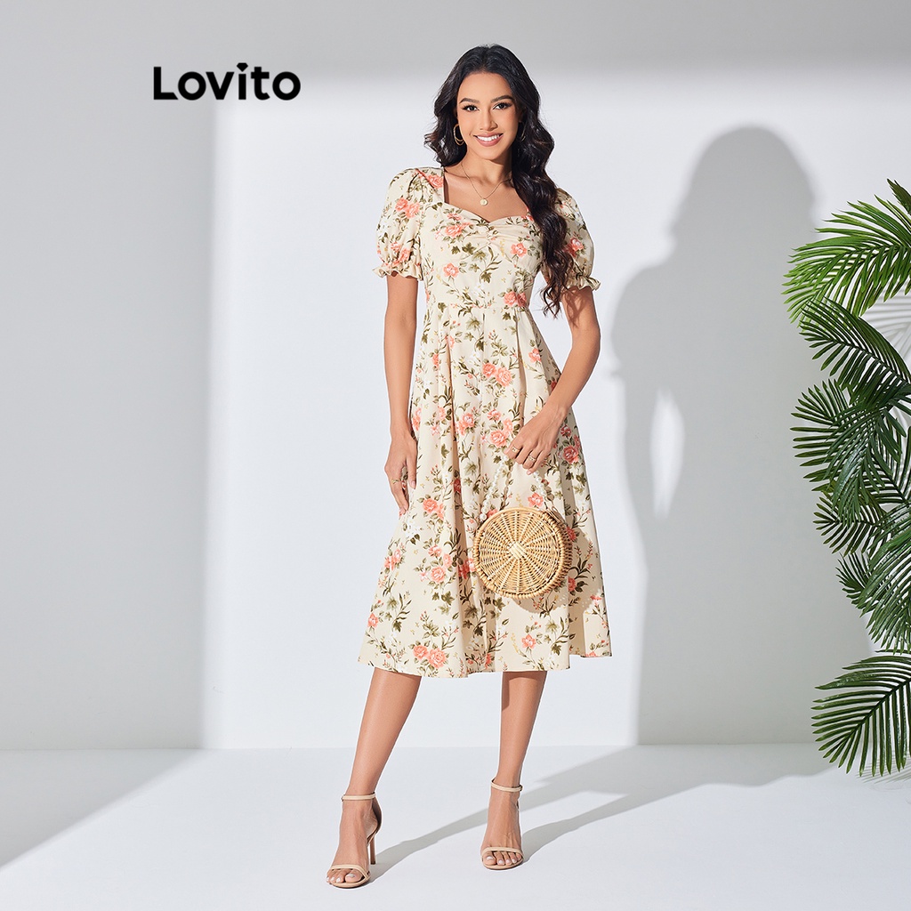 Lovito ชุดเดรสผู้หญิง แบบมีโครง แขนพอง คอรูปหัวใจ ลายดอกไม้ สไตล์หรูหรา LBL07206