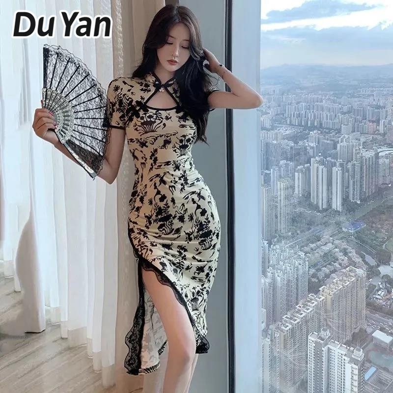 Du Yan ชุดเดรสกี่เพ้า พิมพ์ลายลูกไม้ สไตล์ฝรั่งเศส ย้อนยุค ฤดูร้อน สําหรับผู้หญิง