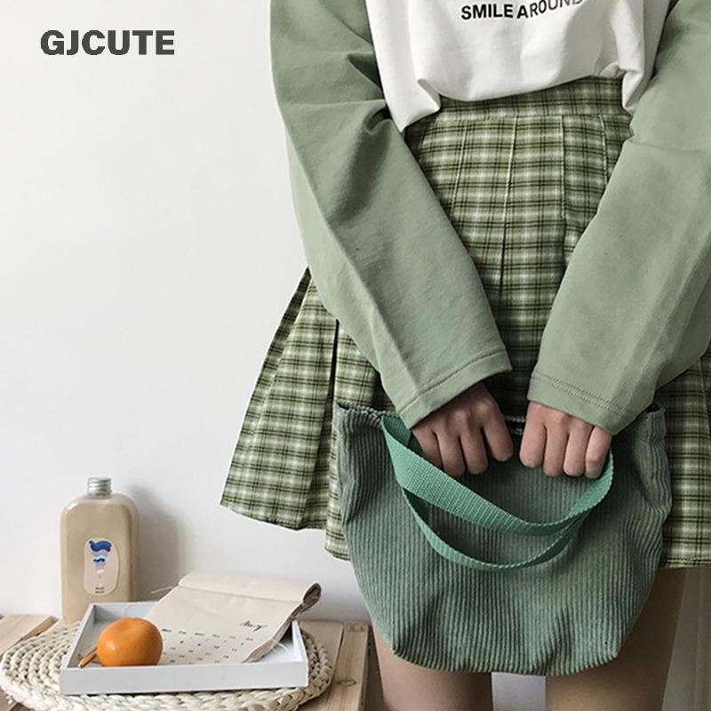 Gjcute กระเป๋าผู้หญิง Corduroy HandBags ถุงอาหารกลางวันแบบใช้ซ้ําได้ Casual Shopping Storage กระเป๋าสไตล์ญี่ปุ่น Vintage สีทึบกระเป๋า WTD