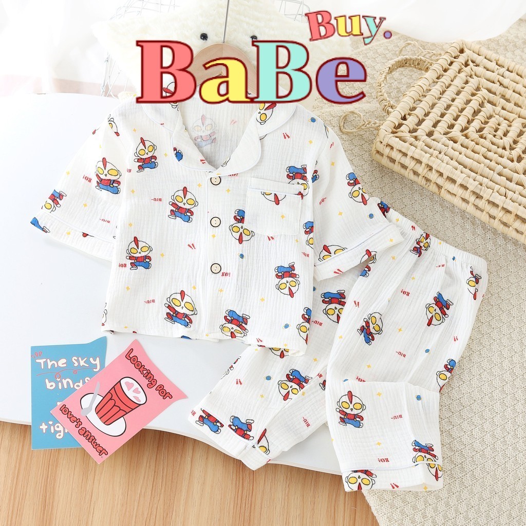Babe Buy ชุดนอนเด็ก คอปก 5 ส่วน สไตล์เกาหลี  ผ้ามัสลิน เบาสบาย ไม่ร้อน ระบายอากาศ ลายการ์ตูน ไซส์100-160