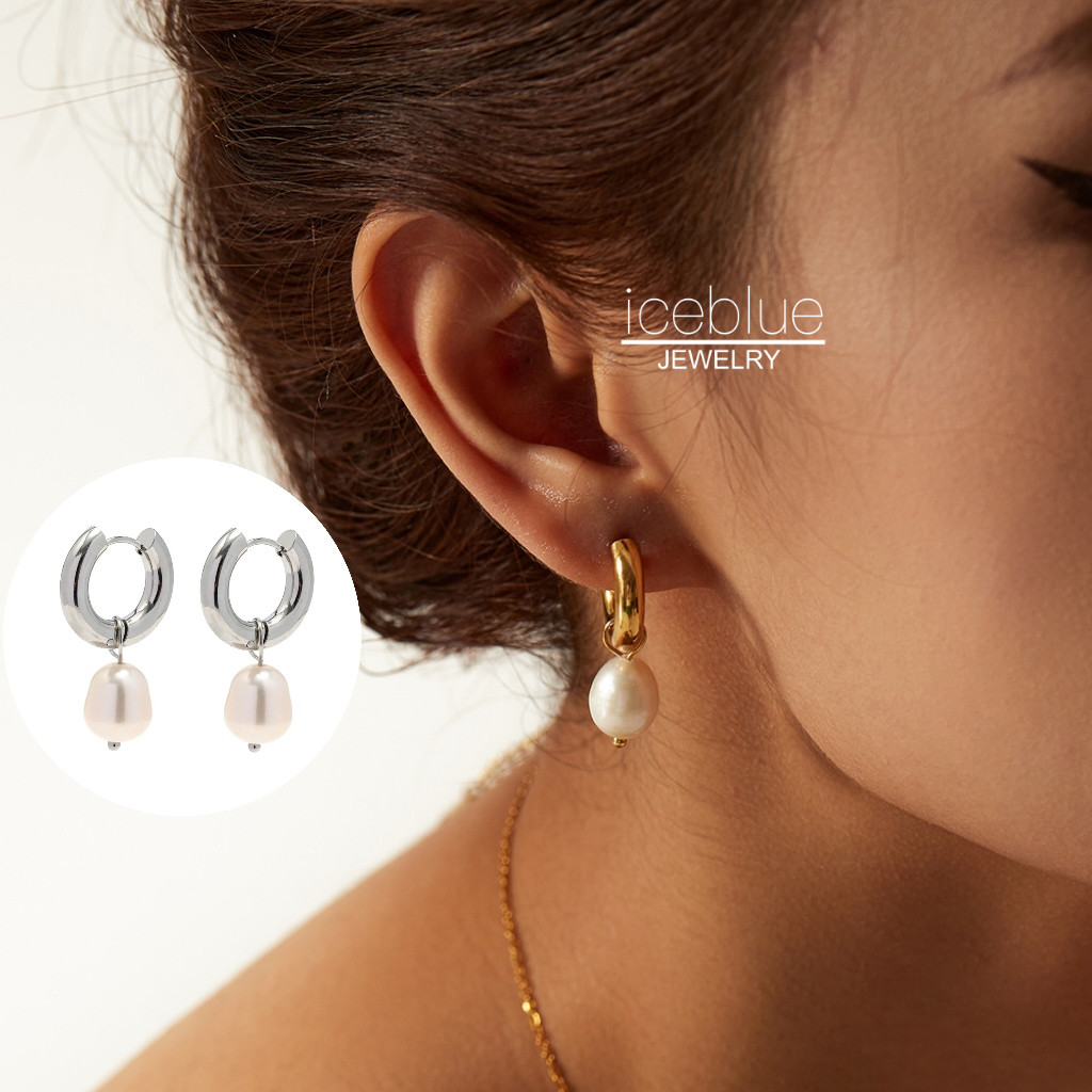 【iceblue】ต่างหูห่วงจี้ไข่มุกน้ำจืดธรรมชาติ ชุบ 18K Gold ไร้สนิม ฮิปโปแอลเลอร์เจนิก สเตนเลสไทเทเนียม สำหรับผู้หญิง E65 - รูปที่ 2
